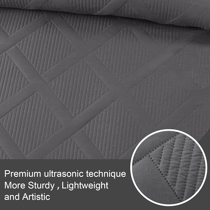Exclusivo Mezcla Quilts Queen Size, Grey | Soft Bedspreads with 2 Pillow Shams, Modern Striped Pattern, Lightweight Bedding Set Coverlets for All Seasons, 90x96 Inch