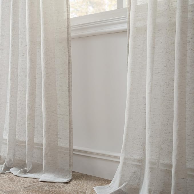 FMFUNCTEX Grey Linen Sheer Curtains, 84 Inches, 2 Panels for Bedroom | Semi Sheer Window Drapes, Flax Linen, Rod Pocket, Light Filtering, Farmhouse French, Kitchen, Privacy, for Living Room