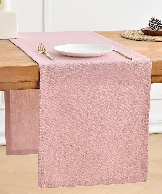 Wracra Linen Table Runner, Burlap Pink Table Runners 90 Inches Long | Rich Woven Linen Blend Fabric, Machine Washable, Rustic Farmhouse Handcrafted Table Runner for Dresser Dining Table Decor