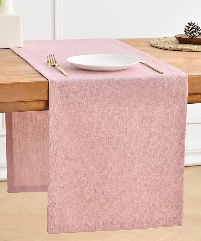 Wracra Linen Table Runner, Burlap Pink Table Runners 108 Inches Long | Rich Woven Linen Blend Fabric, Machine Washable, Rustic Farmhouse Handcrafted Table Runner for Dresser Dining Table Decor