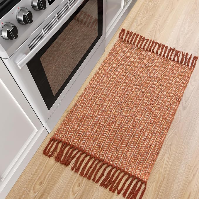 Lahome Boho Fall Bathroom Rugs, 2x3 Front Door Mat for Kitchen, Washable | Indoor Entryway Small Area Rug Woven Cotton with Tassels, Farmhouse Non Shedding Throw Low Pile Carpet for Bath Bedroom