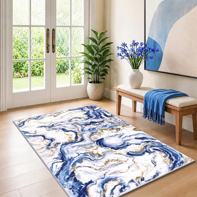 Yamaziot 3x5 Washable Modern Abstract Area Rug Non-Slip Entryway Rug | Stain Resistant Kitchen Rug with Rubber Backing, Low Pile, Ultra Soft Carpet Runner for Bedroom, Laundry, Entrance,Blue