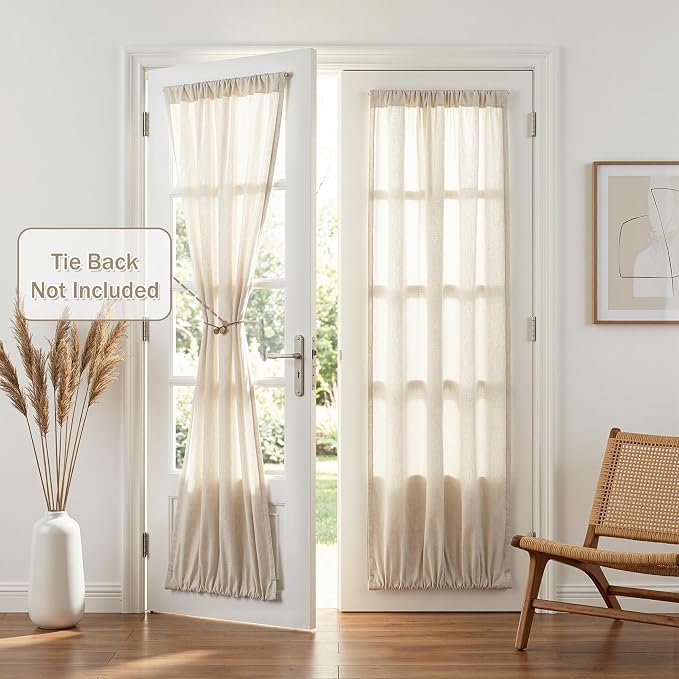 MYSKY HOME Linen French Door Curtains for Door Window 72 Inch Length 2 Panels Semi Sheer Light Filtering Curtain for Bedroom Window Glass Rod Pocket for Kitchen Dining Room, Natural Linen, 26" Wide