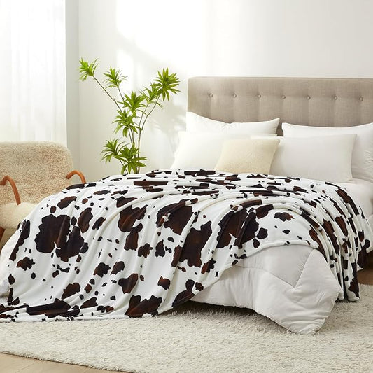 Cozy Bliss Cow Print Throw Blanket for Bed - Super Fuzzy Thick Soft Warm Fleece Blankets for Couch & Room Décor, for Women Men Girls Kids, Dark Brown Queen Size 90"*90"