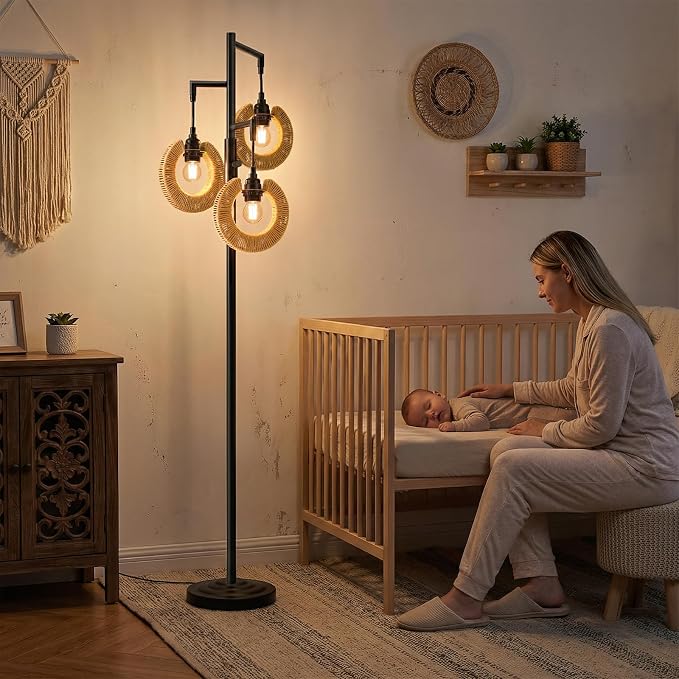 OYEARS 70" Boho Floor Lamps for Living Room, Stepless Dimmable Rattan Floor Lamp, Farmhouse Tall Lamps for Bedroom, Standing Tree Lamp for Office, Nursery, Rotary Switch, 3 LED Bulbs Included, Black