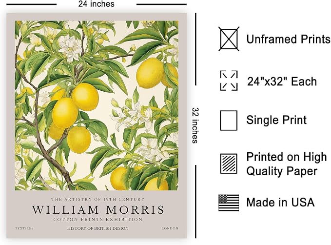 Poster Master William Morris Lemon Tree Print - Botanical Fruit Exhibition Piece - Floral Design - Aesthetic Print - Colorful Kitchen Wall Decor - 24x32 UNFRAMED