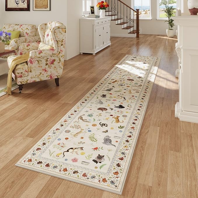 Rugcomf 2'7"x14' Long Hallway Runner Rug - Floral Cat Washable Non Slip Boho Carpet for Kitchen, Entryway, Hall, Bathroom - Beige