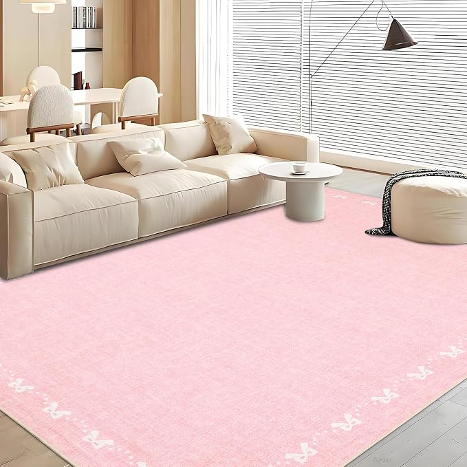 COZYLOOM 9x12 Bow Printed Rug for Bedroom, Large Solid Color Living Room Rug with Non Slip Backing, Stain Resistant Non Shedding Rugs Low Pile Modern Farmhouse Carpet for Bedroom, Dining Room, Pink