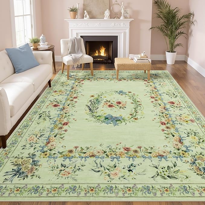 Joydeco Boho Bow Floral 9x12 Rug for Living Room Bedroom, Beige Machine Washable Area Rug for Bedroom Girls Nursery, Non Slip Indoor Carpet for Playroom Kids Dining Room Dorm Classroom, Beige