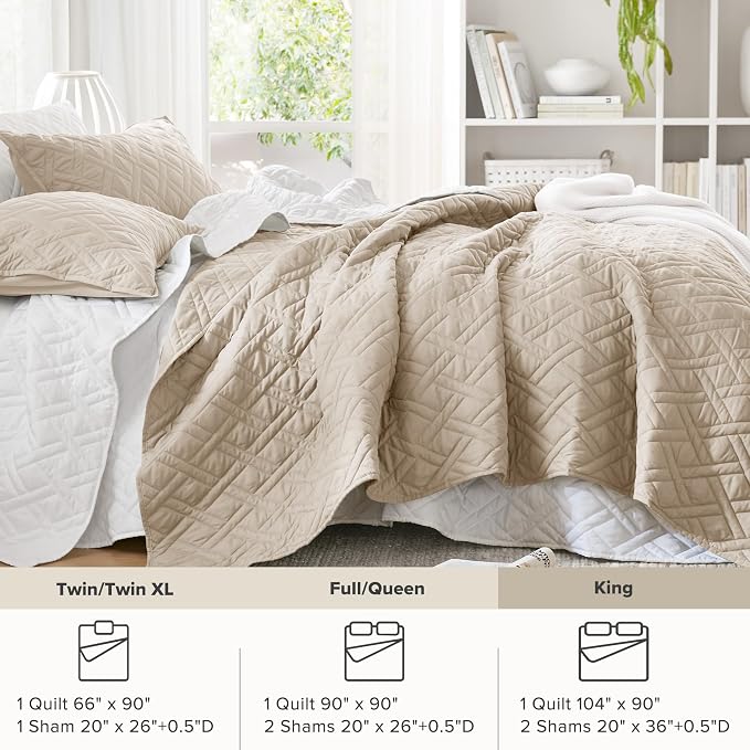 Comfort Spaces Kienna Bed Quilt Set King Size 3P, 104"x90" Beige Diamond | Soft Cozy Lightweight Summer Coverlet Cal King, Quilted Bedspreads Extra Layer, Modern Casual Bedroom Decor, OEKO-TEX