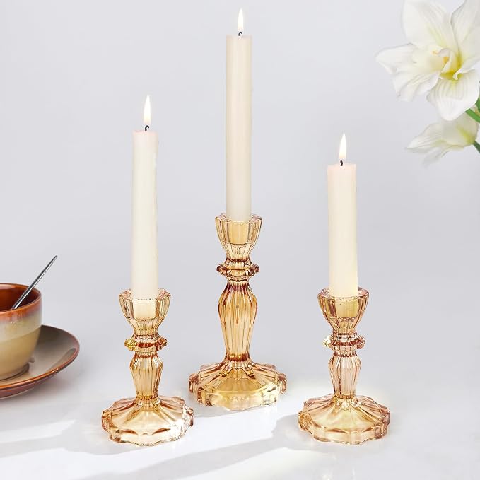 Glass Candlestick Holders Set of 3, Amber Stripe Taper Candle Holders for Table Centerpiece, Home Decorations, Wedding and Party