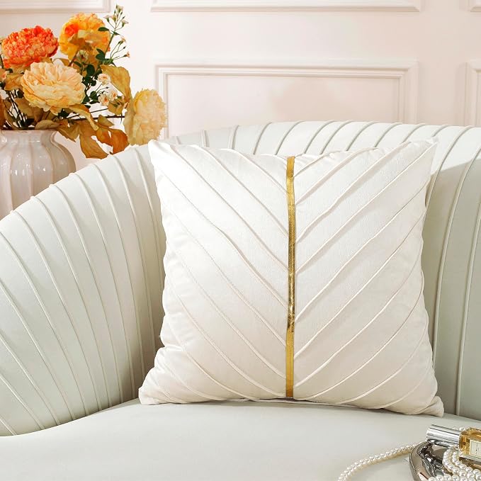 TAOSON Beige Gold Leather Velvet Throw Pillow Covers, 18"x18", Pack of 2 | Gold Leather Decorative, Cushion Cases, Spring Summer, Sofa Couch Living Room Décor