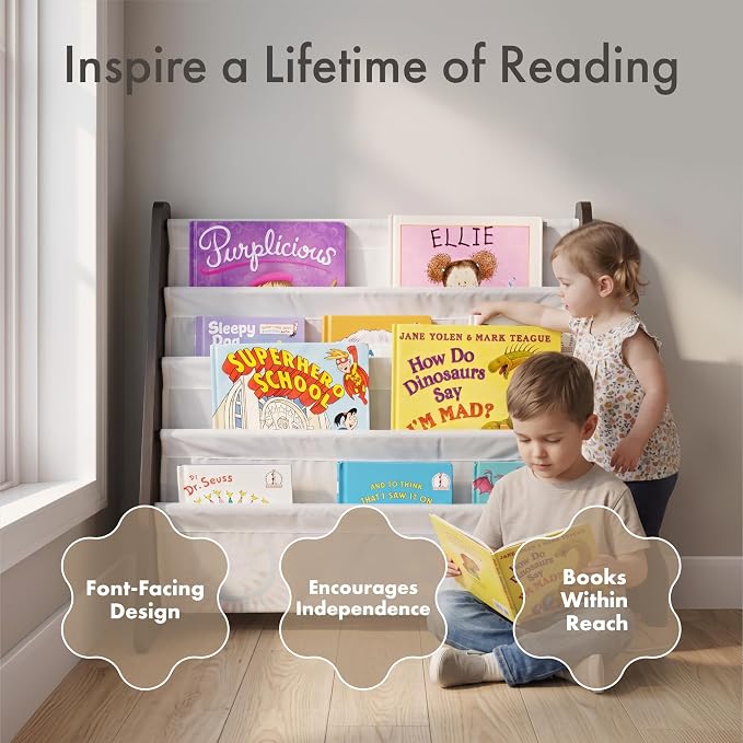 Humble Crew Kids Bookshelf, Montessori Front Facing Toddler Bookcase 4 Tier | Book display rack and reading nook organizer, nylon pockets show covers face out, compact for any playroom or bedroom space