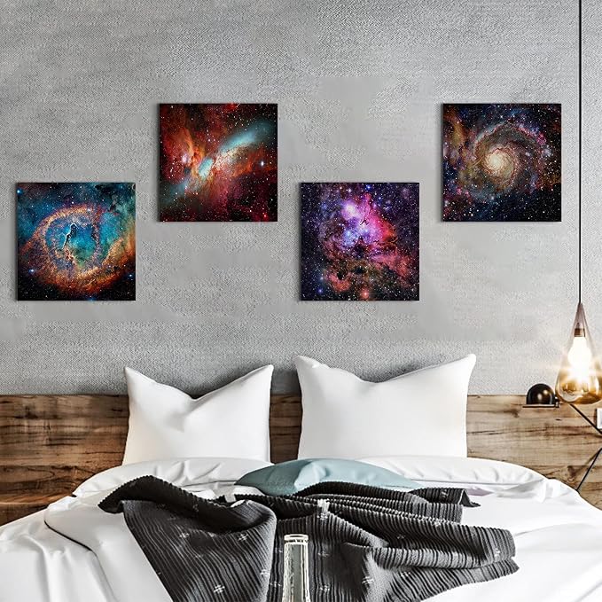 Nebula Galaxy Wall Art Painting Prints on Canvas Wall Decorations Wooden Frames Canvas 24" x 24" x 4 Panels/Set Outer Space Starlight Modern Artwork Pictures Home Wall Decor Cosmic Astronomy Posters