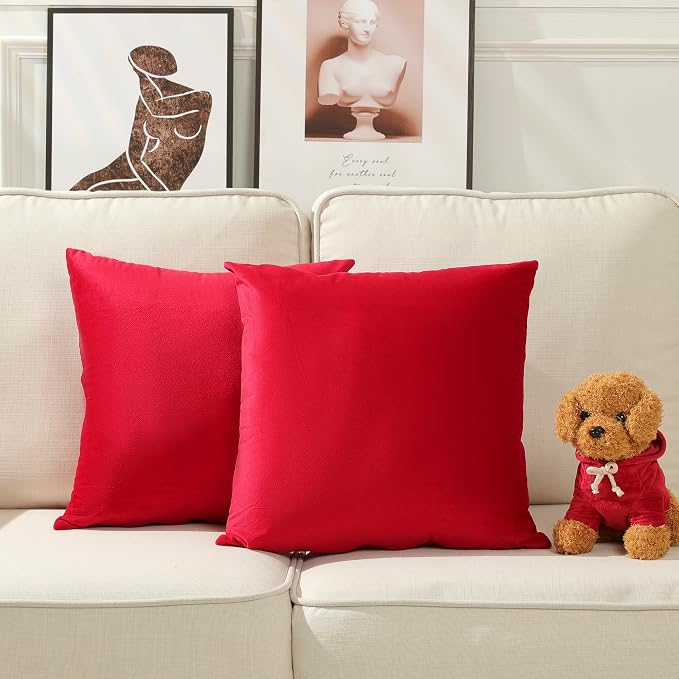 Stellhome New Year/Christmas Decorations Velvet Throw Pillow Covers Square Soft Cushion Covers for Bed Couch Sofa Bench, 18 x 18 inch (45 x 45 cm), Red, Pack of 2