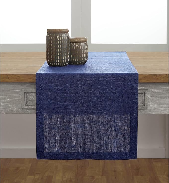 Solino Home 100% Pure Linen Dining Table Runner Navy, Athena 14 x 132 in | dresses up dining tables for everyday meals, European flax fibres, durable everyday quality, soft, fine, OEKO-TEX Certified