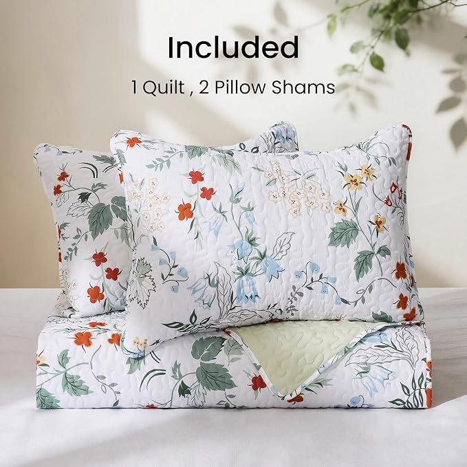 EXQ Home Printed Quilt Set Full Queen Size Green Leaves Bedspread Set | Bedding Set For All Season Use, Soft & Breathable Coverlet,3-Piece Set Includes 2 Shams, Machine Washable