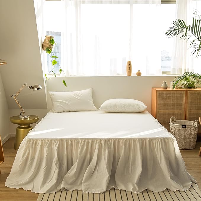 BISELINA French Linen Bed Skirt with Pleated Frills 18-Inch Tailored Drop Natural Flax Cotton Blend Dust Ruffle Soft Cozy Farmhouse Bedding (18" Queen, Ruffle White)