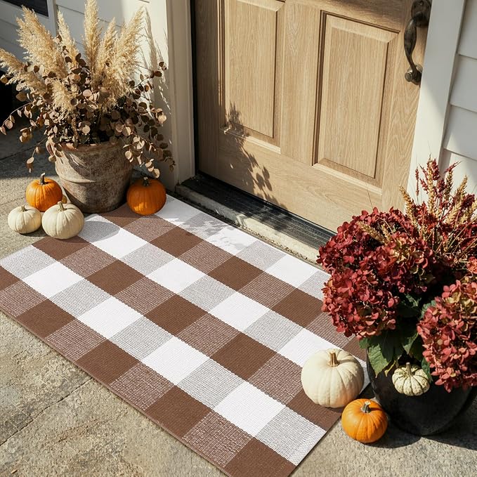 LEEVAN Buffalo Plaid Outdoor Rug, 2x3 Fall Front Porch Rugs Doormat Decor | Brown and White Entryway Rugs, Small Washable Layered Door Mat, Farmhouse Checkered Rugs for Kitchen Patio Bathroom Autumn