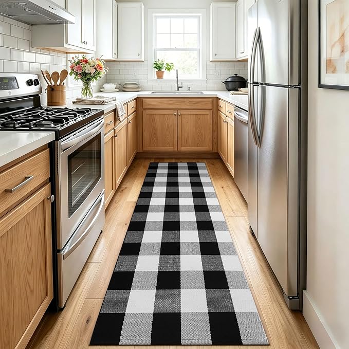 KOZYFLY Buffalo Plaid Rugs 2x6 Ft Runner Rug for Hallway, Black and White | Washable Kitchen Runner Rug, Woven Cotton Entryway Runner, Checkered Carpet Runners for Bedroom Living Room Farmhouse
