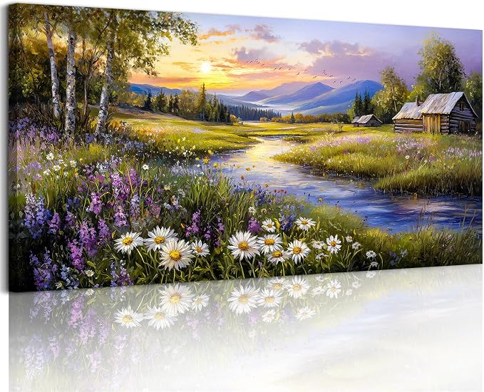 SERIMINO River Landscape Wall Decor, Countryside Sunset Art Prints 24"X48" | Rustic Country Wall Art, Meadow Wildflower Canvas Pictures, Bedroom Kitchen Decor, Ready To Hang, Fade-resistant Inks