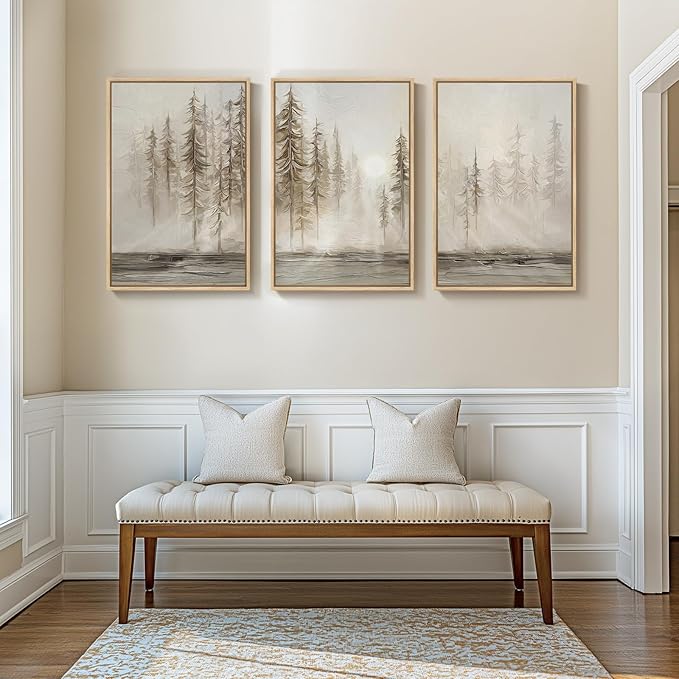 Large Framed Neutral Abstract Landscape Wall Art for Living Room, 24x36 In | Forest print, Pine tree picture, 3 piece, Modern, Canvas artwork, wall art bedroom, Dining room wall decor, Solid wood frame