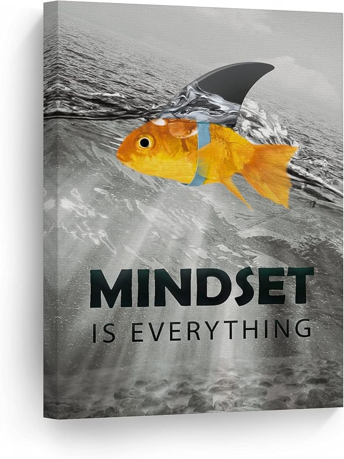 Smile Art Design Black and White Mindset is Everyting Orange Fish vs Shark Motivational Wall Art Canvas Print Inspirational Entrepreneur Quote Office Living Room Decor Gift Ready to Hang 12x8