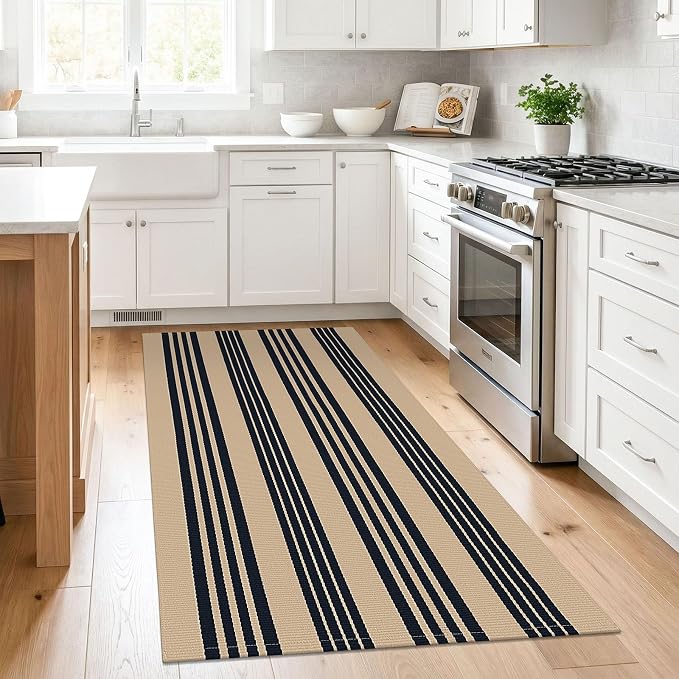 KILOCOCO Striped Rug 3x5 ft Washable Front Door Outdoor Rug, Brown Black | Cotton Layered Doormats, Washable Front Porch Rug, Woven Low Pile Welcome Mat for Kitchen Entryway Farmhouse Patio