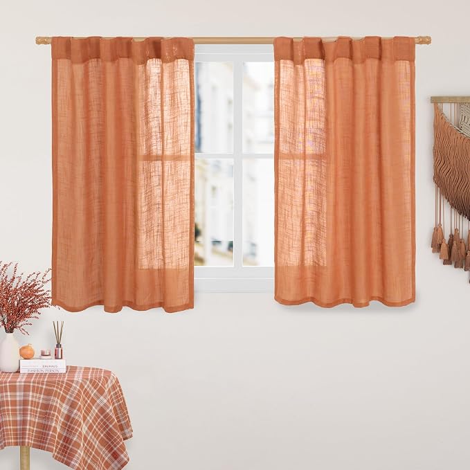 Orange Linen Curtains 40 Inch Length, Light Filtering Panels | Semi Sheer, Neutral, Curtains for Bedroom, Basement, Window, Loft Room, Rod Pocket Back Tab, Burnt Orange, 34 x 40 Inch