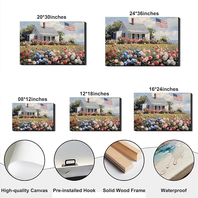 RIBNTAK Patriotic American Flag & Floral Farmhouse Canvas Wall Art, 4th of July Coastal Cottage Pictures, Wildflower Landscape, Independence Day Wall Decor for Living Room, Kitchen, Made USA