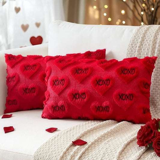 Artscope Valentines Pillow Covers 12x20 Set of 2 Decorative Love Heart XOXO Valentine's Day Throw Pillow Cases Soft Plush Faux Fur Couch Cushion Case for Holiday Sofa Bed Room Home Decor-Red XOXO