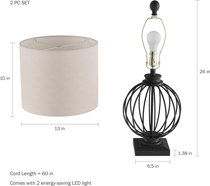 Lavish Home Modern Table Lamps, Black, Set of 2, 13” x 26”