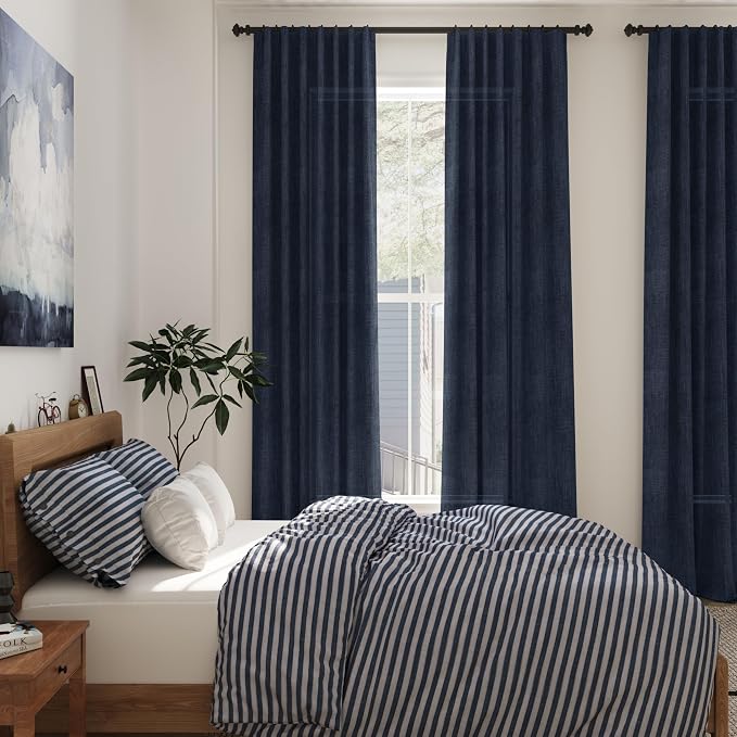 Navy Blue Linen Curtains 96 inches Long for Bedroom Back Tab Light Filtering Privacy Sheer Blue Curtains Boho Farmhouse Nautical Decor Indigo Blue Cotton Textured Draperies 2 Panel Set 52x96