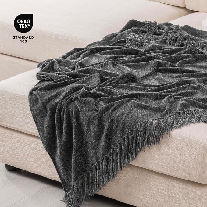 RECYCO Chenille Throw Blanket for Couch, 50"x60", Dark Gray | Super Soft Knit Throw Blanket with Fringe Tassels, Lightweight Knitted Throw, Cozy, Ideal for Sofa Chair Bed Living Room Gift