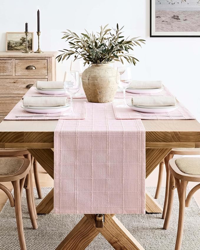 ZeeMart Linen Checked Farmhouse Table Runner, 13x48 Inches Pink | Raised Grid Design, Rich Woven Texture, Linen Blend Table Runners 48 Inches Long, Machine Washable, Boho Home Kitchen Decor