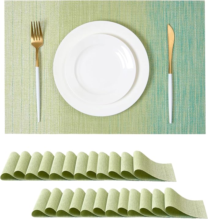 Leetaltree Gradient Green Woven Placemats Set of 24 - Heat Resistant Non-Slip Place mats for Dining Table, Washable Durable PVC Vinyl Woven Table Mats(Gradient Green, 24)
