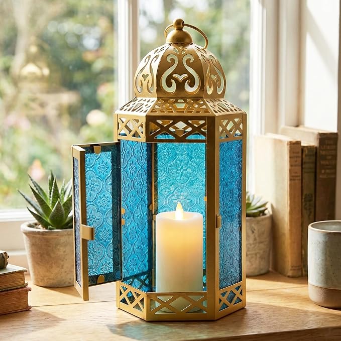 Vela Lanterns 12" Metal Moroccan Decorative Candle Lantern Holders for Hanging or Table, Indoor Home Decor, Outdoor Patio or Porch, Weddings, Gold, Blue Glass, Large