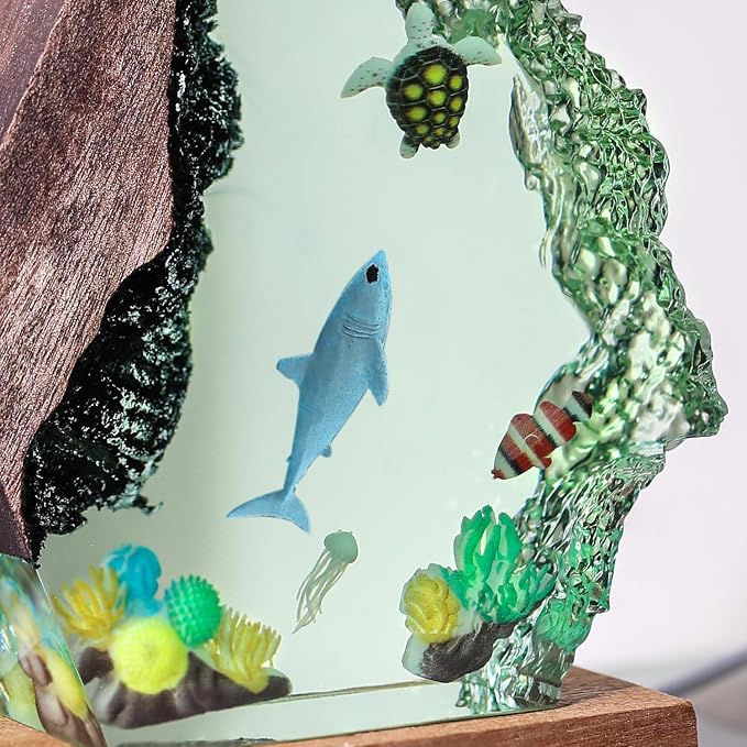 Handmade Shark Resin Ocean Lamp with Woodden Base