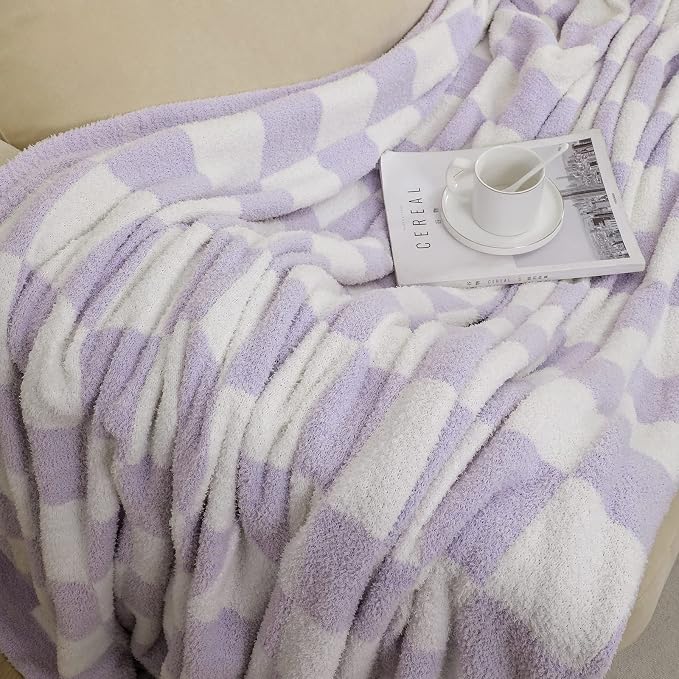 bearberry Soft Plush Throw Blanket for Couch, Cozy Warm & Lightweight | Knitted Fluffy Checkered Comfort Home Decor Gift for Women Mom Her, Sofa Chair Bed, 60x80in, Purple