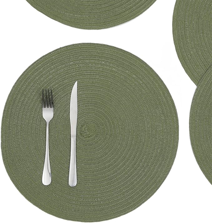 SHACOS Round Placemats Set of 4 Washable 15 inch Round Table Mats Cotton Polyester Woven Braided Place Mats for Dining Table Wedding Party Decor (Olive Green, 4)