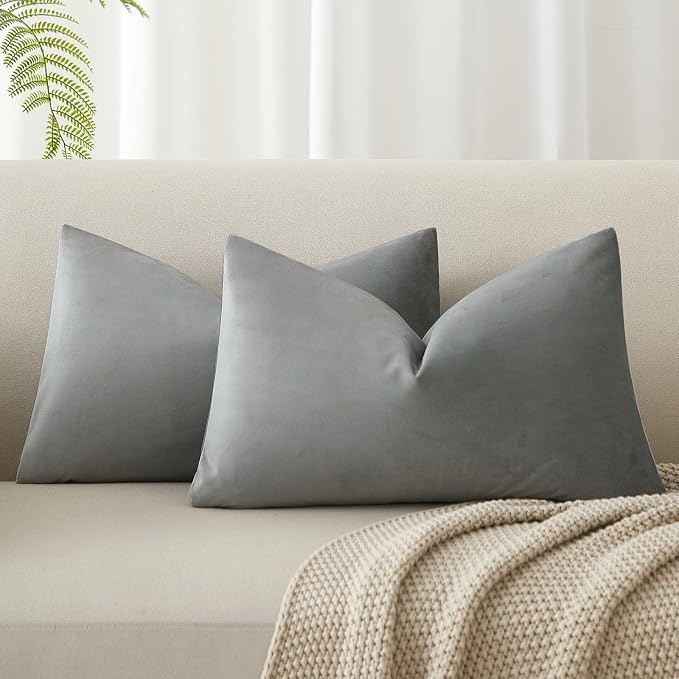12x20 Lumbar Velvet Throw Pillow Covers Set of 2 for Couch Sofa Bed,Gray