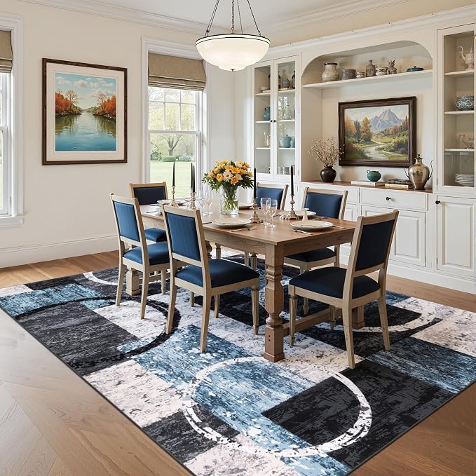 Yamaziot 8x10 Washable Modern Abstract Area Rug Non-Slip Living Room Rug | Stain Resistant, Low Pile, Ultra Soft Carpet Rug with Rubber Backing for Dining Room, Nursery, Bedroom, Office, Blue