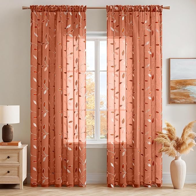 MIULEE Burnt Orange Sheer Fall Curtains 2 Panels Leaf Patterned, W52 x L63 | Embroidered Floral Semi Sheer,Rod Pocket,Faux Linen,Short Window Curtains Drapes Set for Kitchen/Bathroom/Cafe
