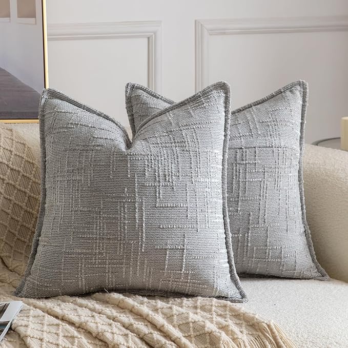 MADIZZ Pack of 2 Chenille Throw Pillow Covers 18x18 Inch Grey Soft Neutral Decorative Throw Pillows for Couch Sofa Boho Accent Cushion Covers Modern Farmhouse Home Decor for Bedroom Living Room