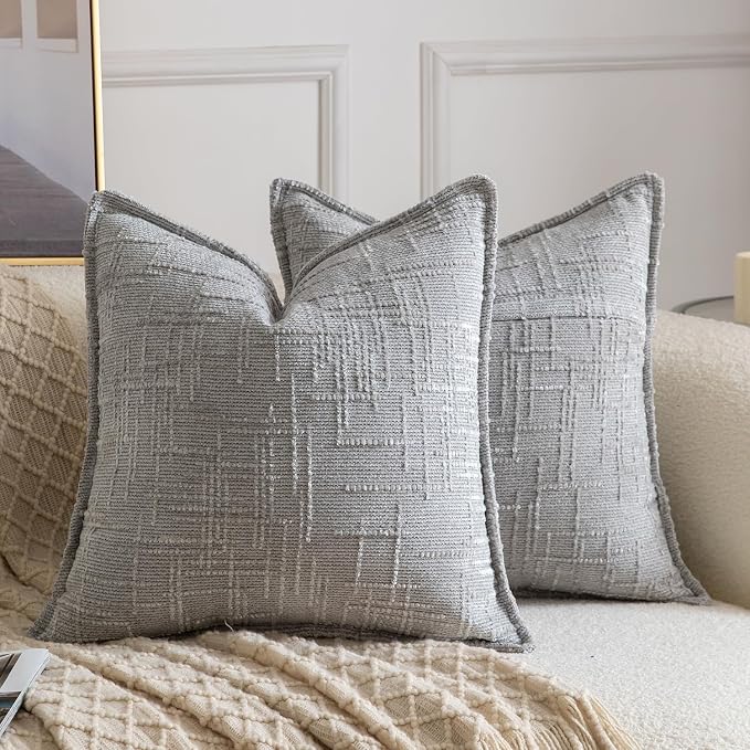 MADIZZ Pack of 2 Chenille Throw Pillow Covers 24x24 Inch Grey Soft Neutral Decorative Throw Pillows for Couch Sofa Boho Accent Cushion Covers Modern Farmhouse Home Decor for Bedroom Living Room