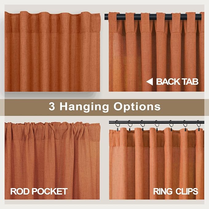 Pitalk 60 Inch Wide Curtains for Living Room 2 Panels Back Tab Pocket Drape Semi Sheer Linen Extra Large Burnt Orange Curtains for Home Office Hotel Flat Family Sunroom 5 FT Width by 9 FT Long 60x108