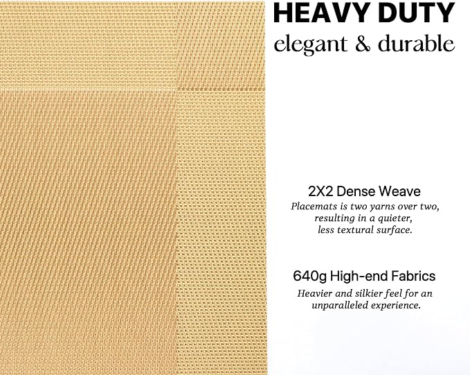 LEXMORE Placemats Set of 8 Vinyl/Plastic Woven Place Mats for Kitchen Table Indoor/Outdoor Washable Placemat Wipeable Dining Table Mats(Gold Cube)