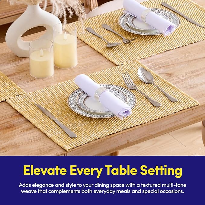 Sweet Home Collection 100% Cotton Placemats for Dining Room Rectangle Two Tone Woven Fabric 13" x 19" Soft Durable Table Mat Set, Set of 6, Gold