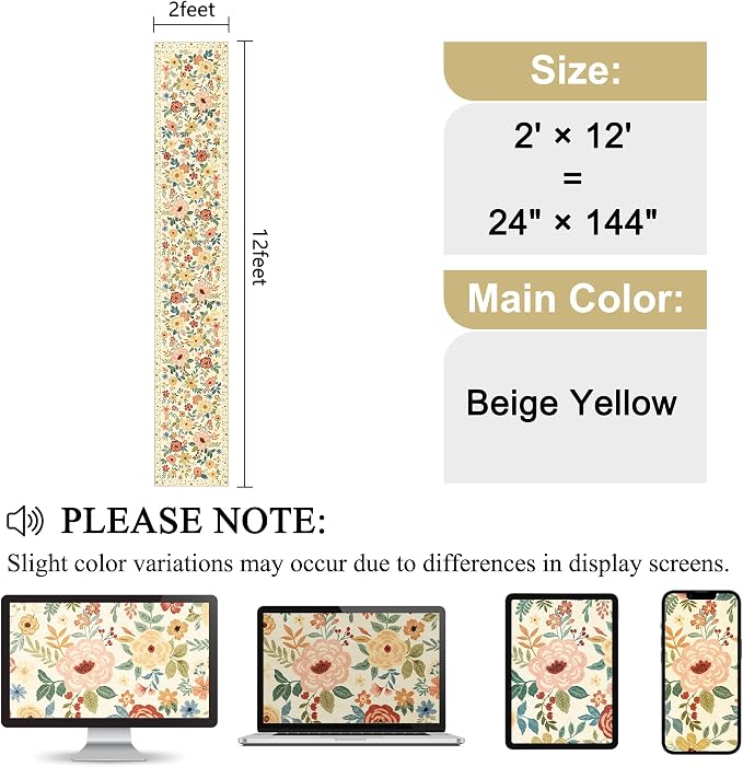 DUKINO 2x12 Washable Runner Rug, Non Slip Long Kitchen Rugs, Beige Yellow | Floral, Low Pile, Soft Indoor Rug Runner for Hallway, Entryway, Bedroom, Bathroom, Laundry, Pet Friendly, Modern Home Decor