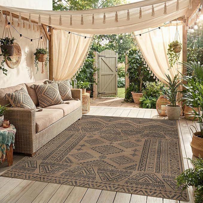 jinchan 5x7 Faux Jute Area Rug Washable Boho Living Room Rug, Charcoal | Southwestern Geometric, Non-Slip, Low Pile, Indoor Outdoor, Natural Fiber Look, Dining Room, Deck, Backyard, Bedroom, Patio